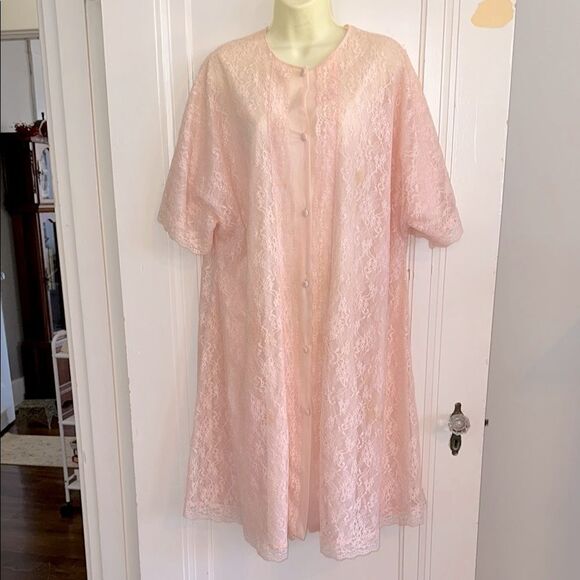 Vtg 60s Vanity Fair light pink lace double layer nylon button front short robe - Picture 1 of 12